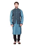 Manyavar MenS Silk Kurta Pyjama With Waist Coat (Jast035_Blue_Small/36)