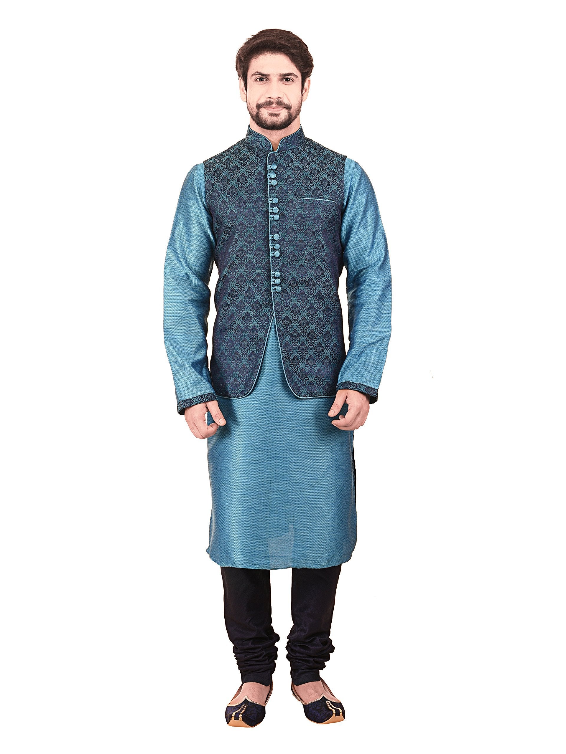 Manyavar MenS Silk Kurta Pyjama With Waist Coat (Jast035_Blue_Small/36)