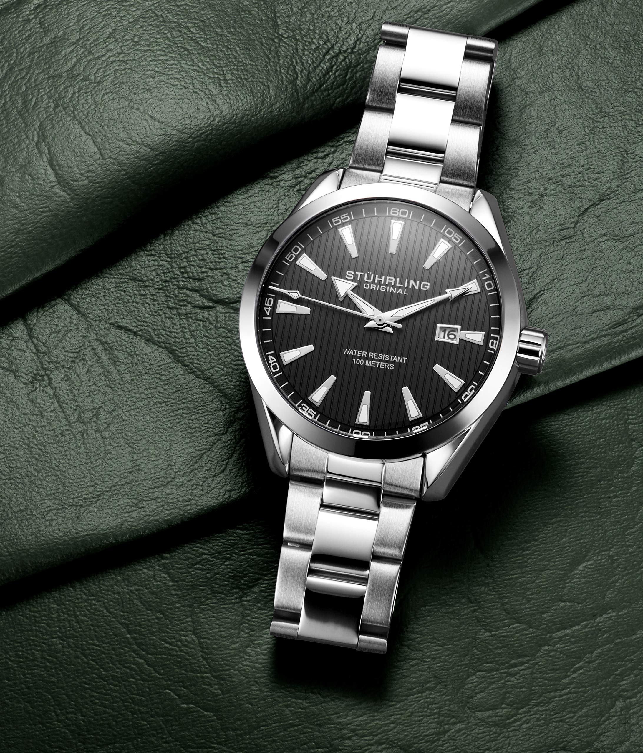 Stuhrling Original Mens Black Watch Analog Dial with Date - Stainless Steel Silver Bracelet, 3953 Mens Watches Collection