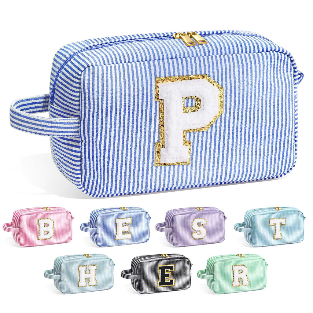 YOOLIFE Initial Cosmetic Bag for Women - Monogram Cute Blue Makeup Bags Toiletry Pouch Make Up Case for Women Her Best Friend Fr