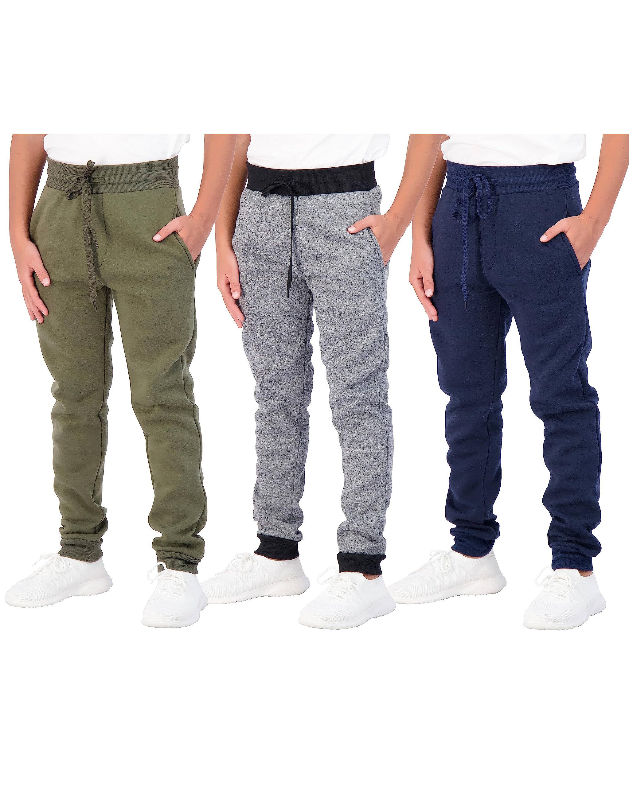 3 Pack: Boys Girls Youth Teen Active Athletic Basic Soft Tech Sports Fleece Jogger Soccer Track Gym Running Slim Fit Tapered Swe