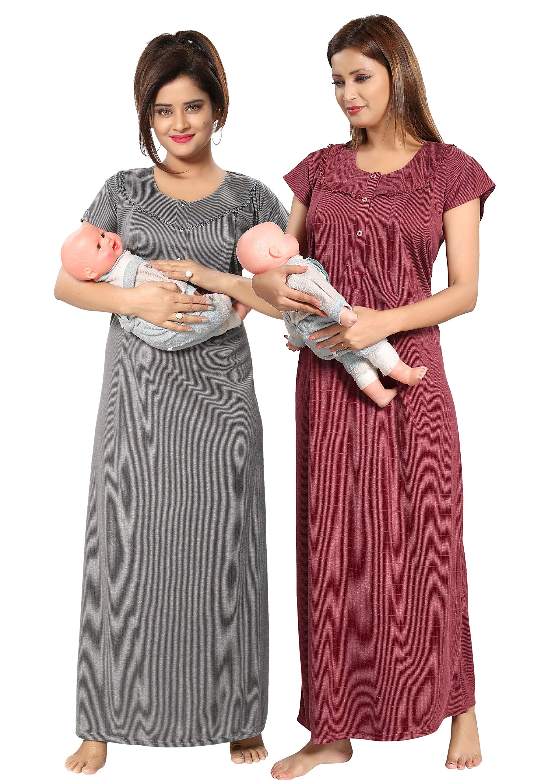 Fabme Womens Cotton Blend Striped Floor Length Night Gown (Po2-Nw0142-Mr-Lgy_Maroon, Grey_Free Size)
