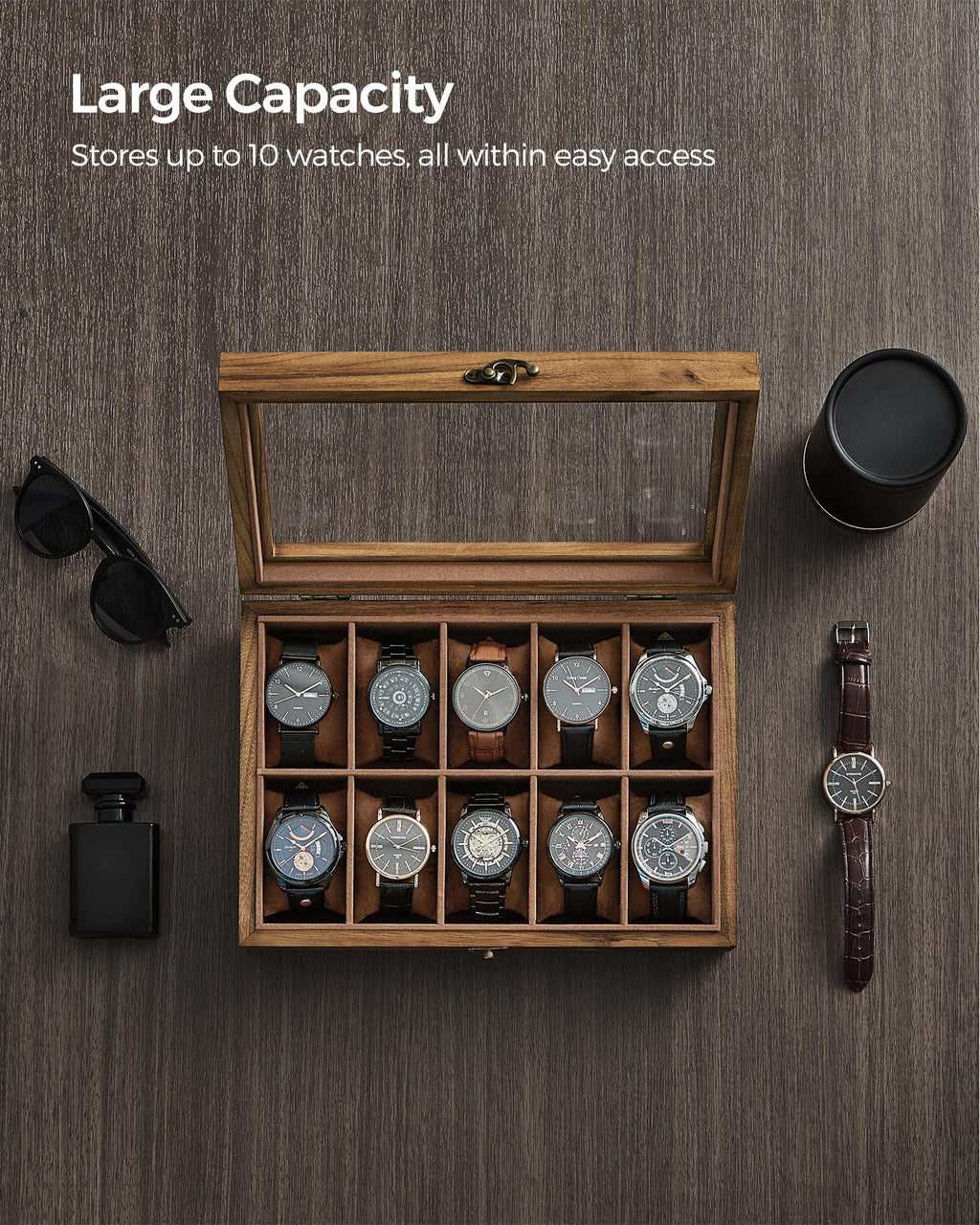 SONGMICS Watch Box, 10-Slot Watch Case, Solid Wood Watch Box Organizer with Glass Lid, Rustic Walnut UJOW100K01
