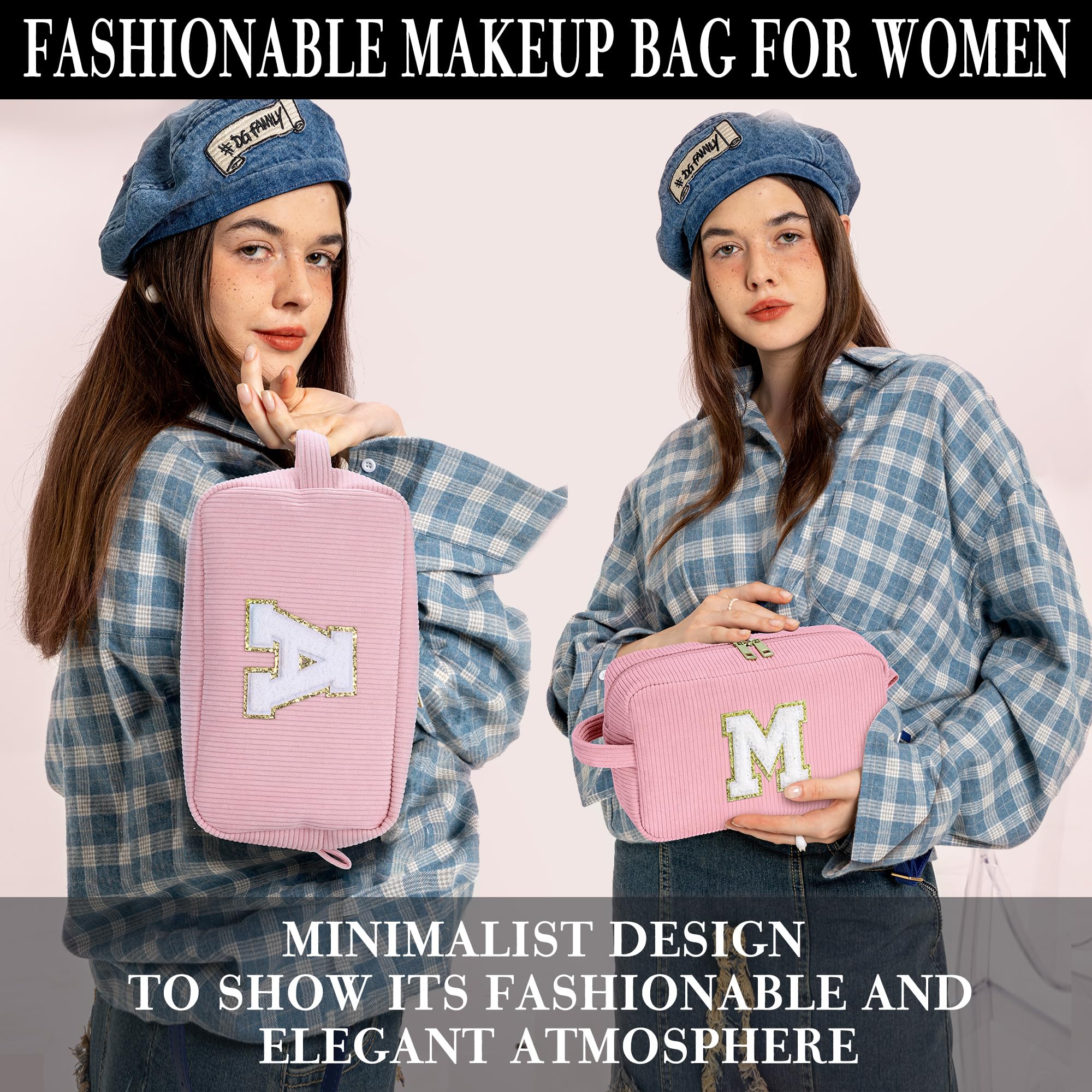 YOOLIFE Make Up Bag Makeup Pouch - Initial Travel Makeup Bag Cute Makeup Bag Cosmetic Bag Travel Essentials Makeup Bags Pink Mak