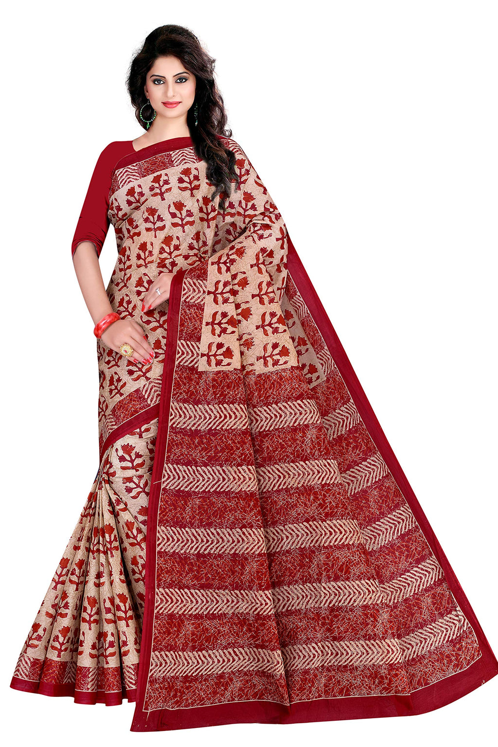 TAMAIRA FASHION Womens Pure Cotton Saree Without Blouse Piece (8012, Maroon Beige)
