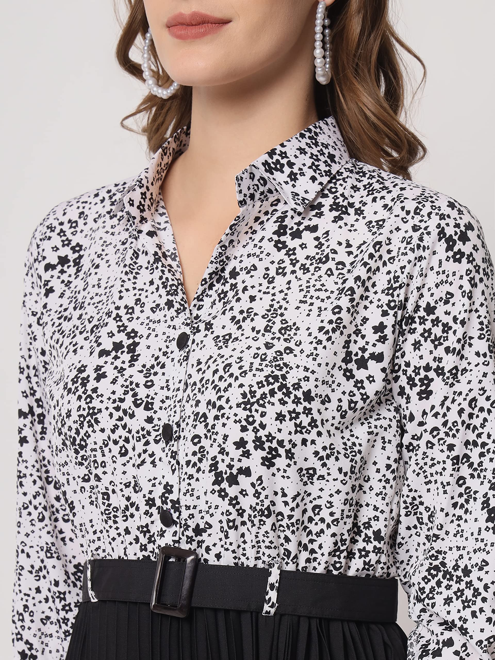 Kzully WomenS Print 3/4 Sleeve Pleated Midi Dress With Belt Black
