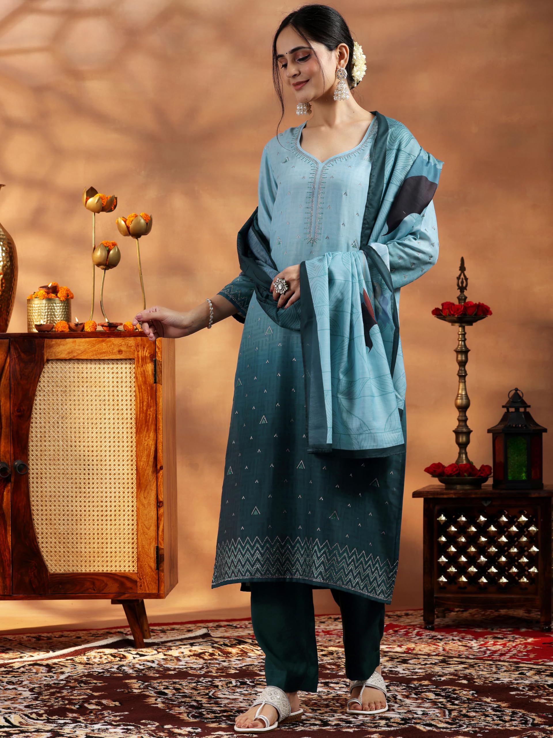 Libas Womens Embellished Muslin Straight Kurta With Trousers And Dupatta