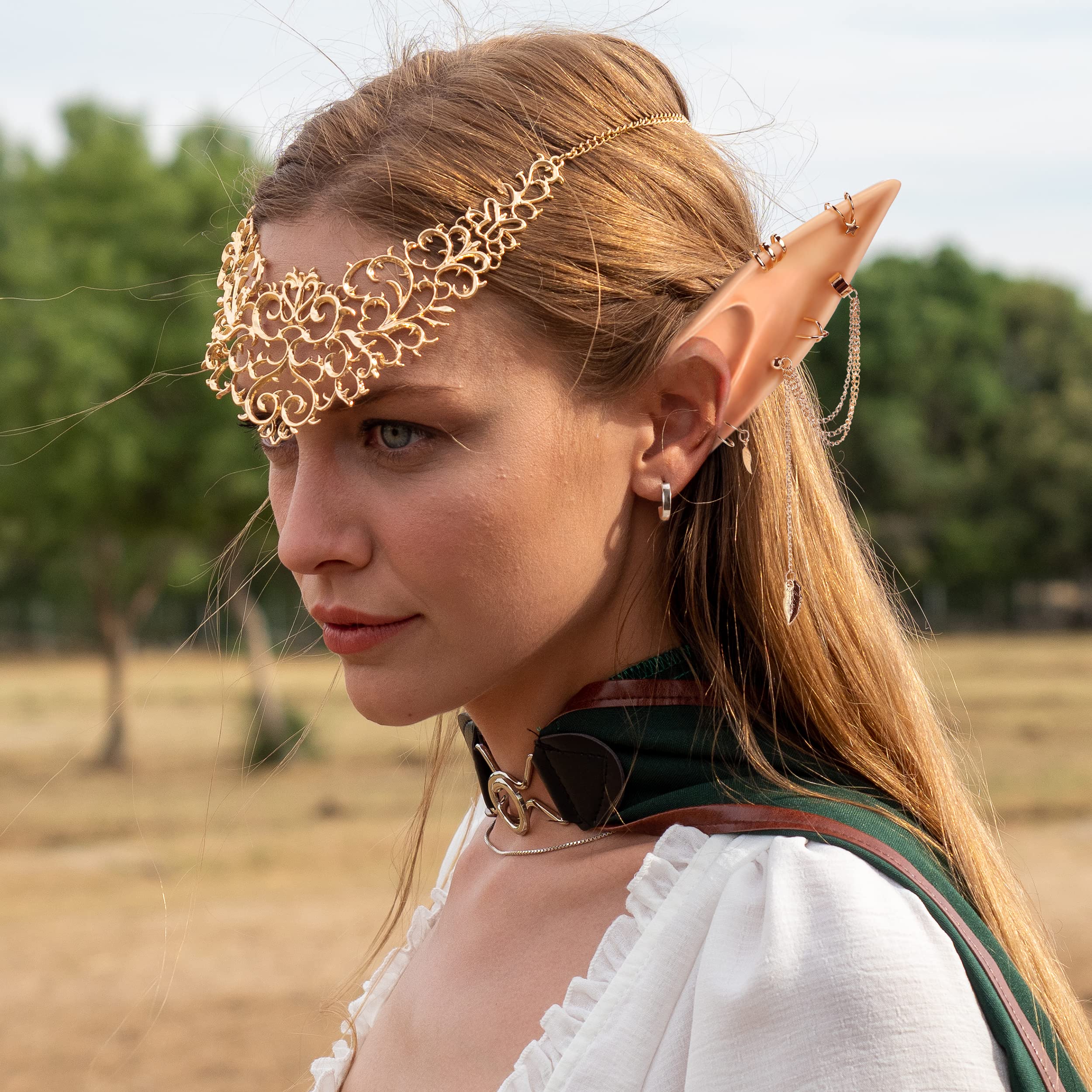 FRESHME Elf Ears with Piercings Earring Cuffs Set, Soft Fairy Elf Ears with Non-Piercing Gold Earrings Tassel Chain Cartilage Cl