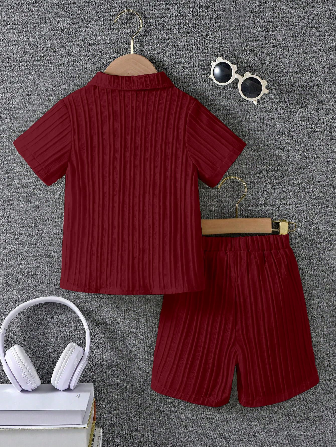 AVANOVA Boys Maroon 2-Piece Outfit Set  Short Sleeve Button Front Shirt with Matching Shorts, Summer Casual Clothing for Kids, L