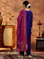 Libas Womens Woven Design Silk Blend Straight Kurta With Palazzos And Dupatta