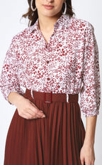 Kzully WomenS Print 3/4 Sleeve Pleated Midi Dress With Belt Maroon