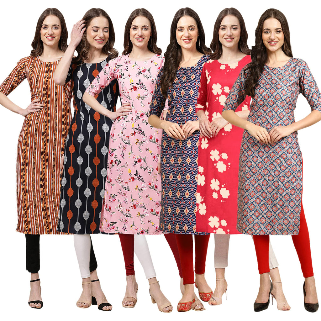 Pinkmint Women'S Crepe Digital Print Straight Kurta(Pack Of 6)[Qv-344-330-339-358-380-372-Xxl]