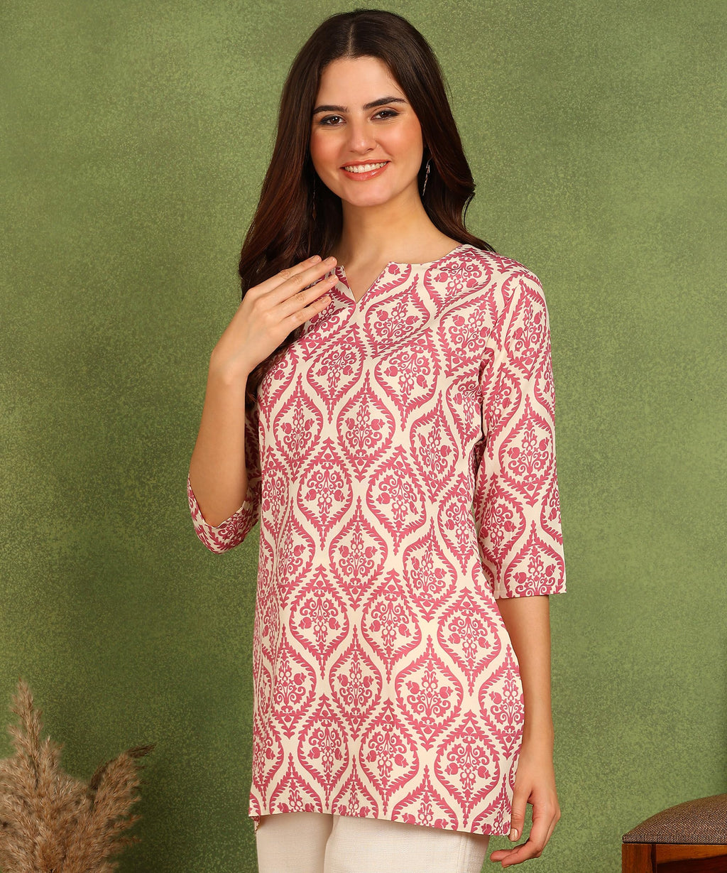 Aayla Poly Rayon Pink Color Short Kurtis Comfortably Suited For Daily & Office Wear With Elegance.