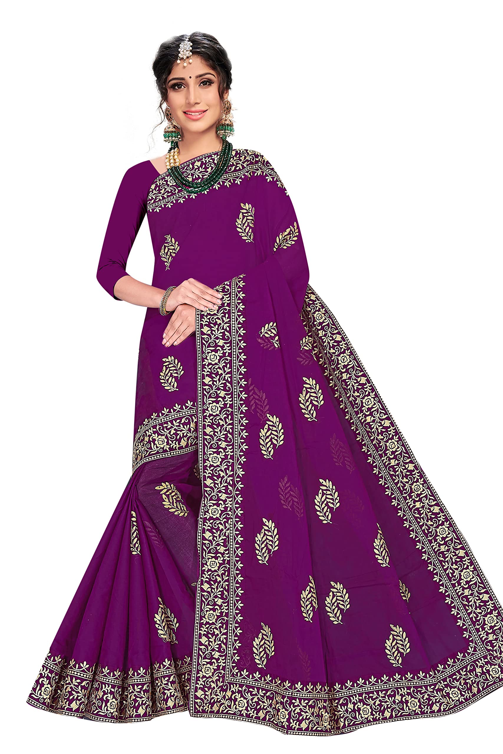 TAMAIRA FASHION Womens Plain Weave Pure Cotton Saree with Heavy Embroidery and stone work Without Blouse Piece (Magenta)