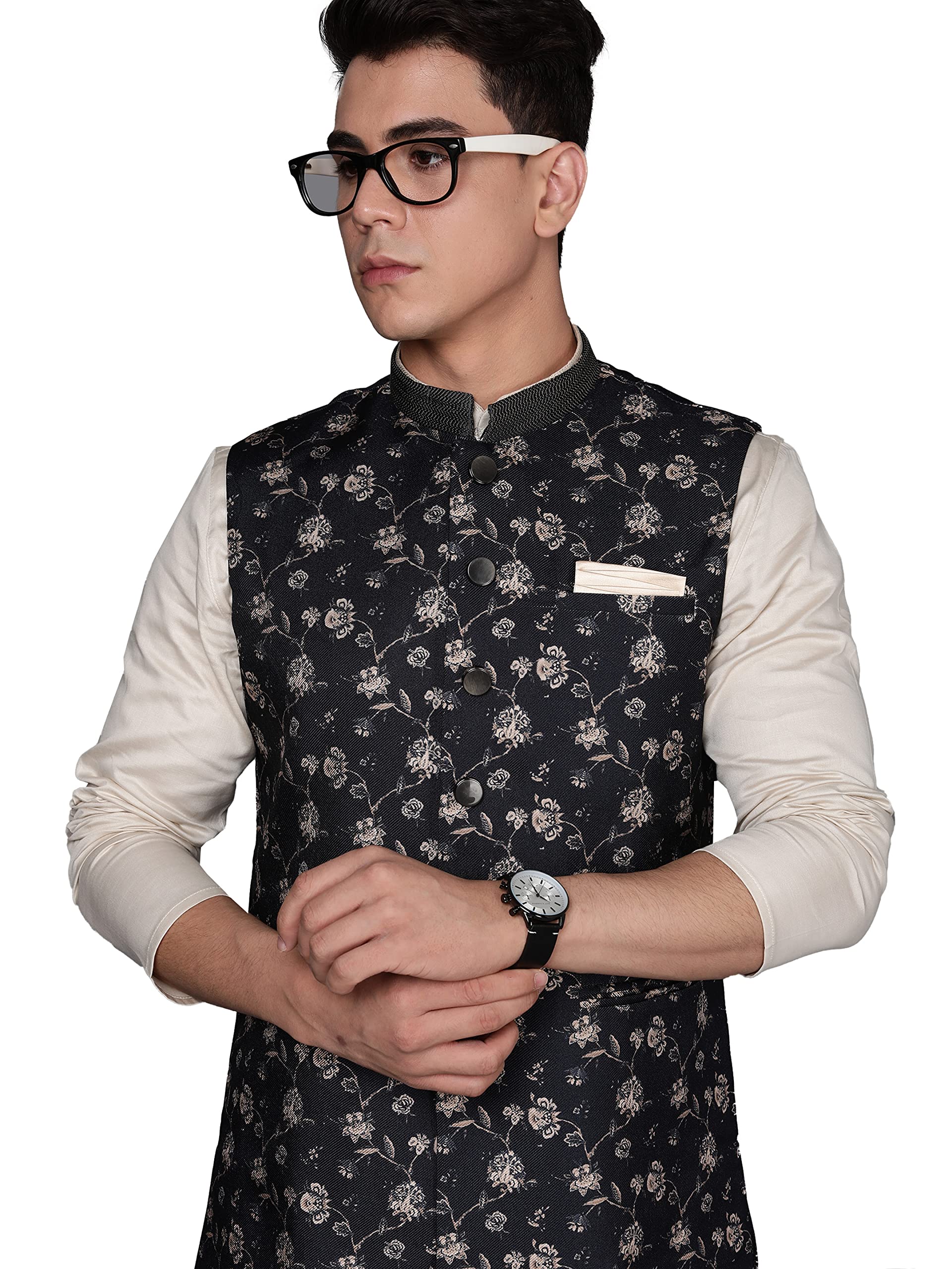 Manyavar Kurta Jacket Set for Men, Full Sleeves Mandarin Collar Ethnic Kurta Jacket Set Viscose Blend