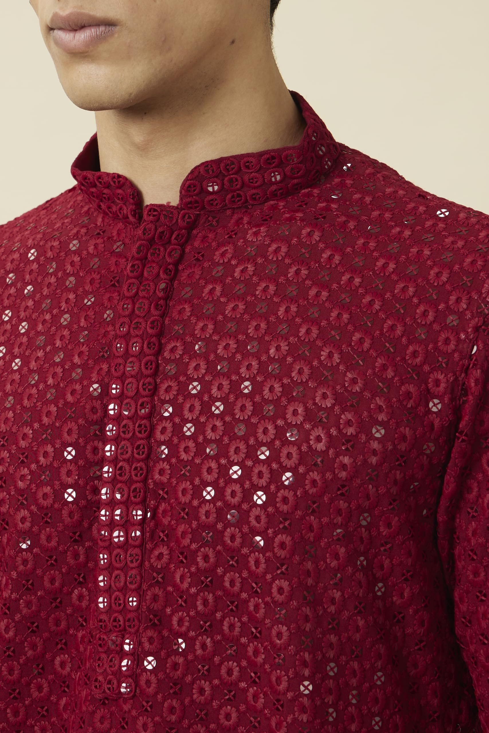 Manyavar MenS Viscose Embroidered Full Sleeves Knee Length Kurta Set