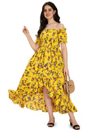 Oomph! Flared Dress For Women Stylish | Long One Piece For Women | Off Shoulder Puff Sleeve Long Dress | Floral Print Maxi One P