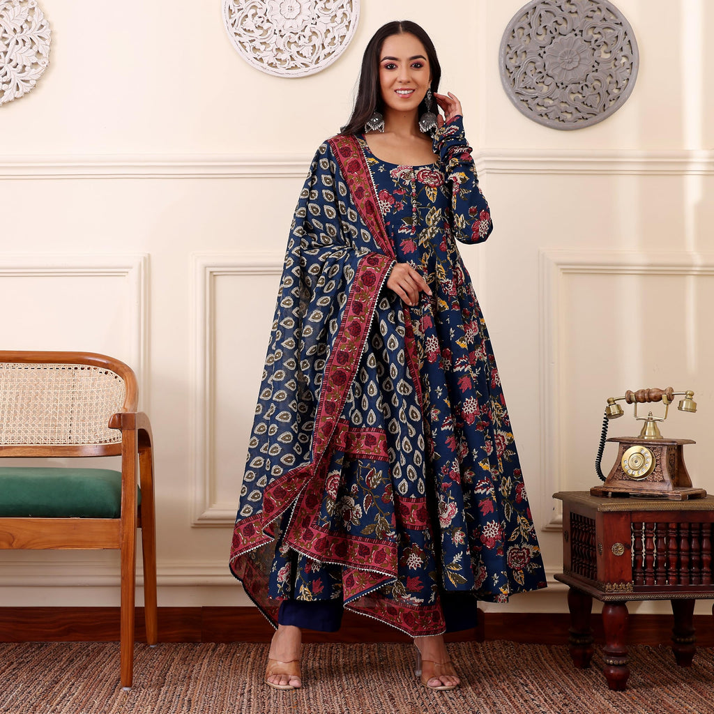 ANNI DESIGNER Women s Printed Rayon Blend Kurta with Pants and Dupatta, Blue, XL