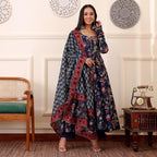 ANNI DESIGNER Women s Printed Rayon Blend Kurta with Pants and Dupatta, Blue, XL