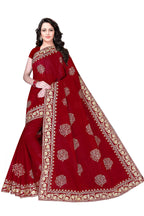 TAMAIRA FASHION Womens Plain Weave Pure Cotton Saree with Heavy Embroidery and stone work Without Blouse Piece (Red)