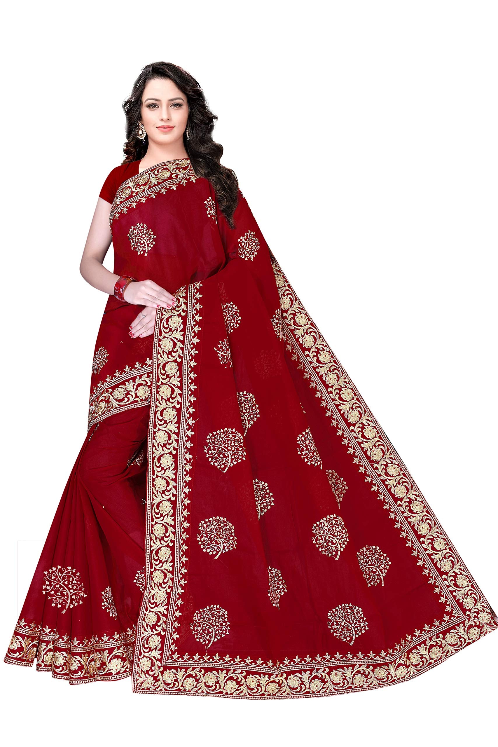 TAMAIRA FASHION Womens Plain Weave Pure Cotton Saree with Heavy Embroidery and stone work Without Blouse Piece (Red)