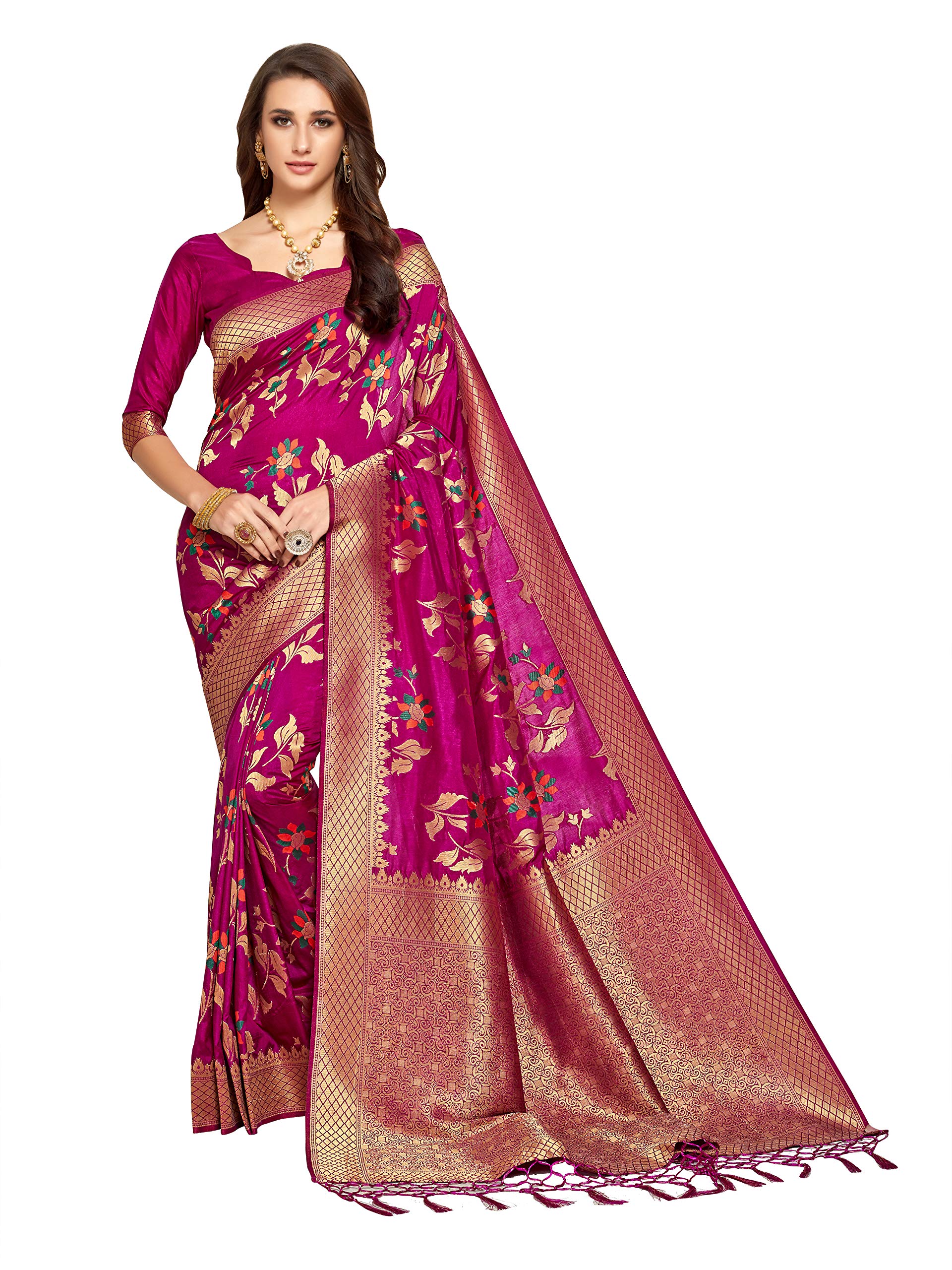 Anni Designer WomenS Magenta Color Kanjivaram Silk Woven Work Tassels Border Saree With Blouse Piece(Aporna Magenta_Freesize)