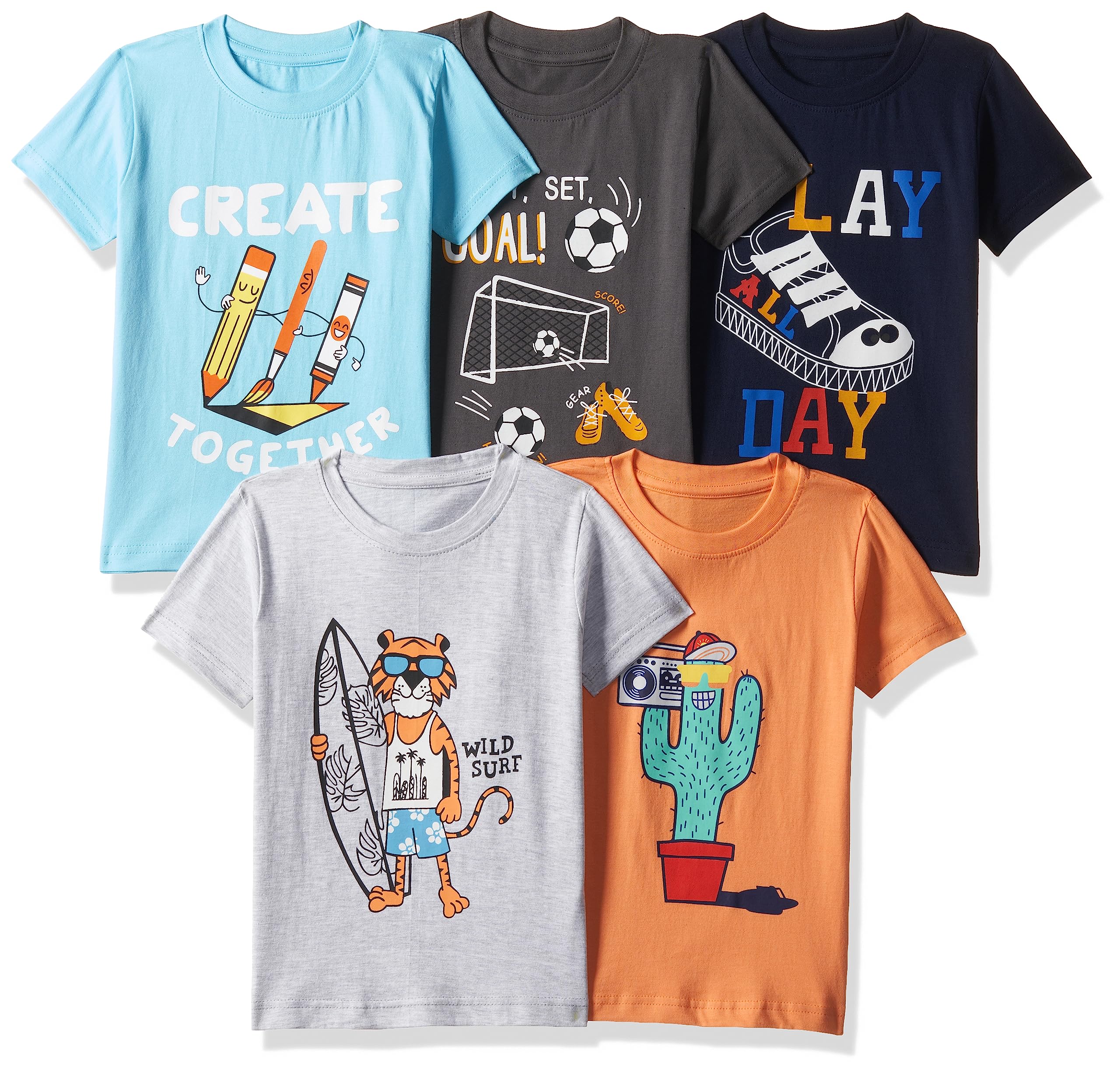 T2F Boys Cotton Printed Regular Fit T-Shirt (Pack of 5)