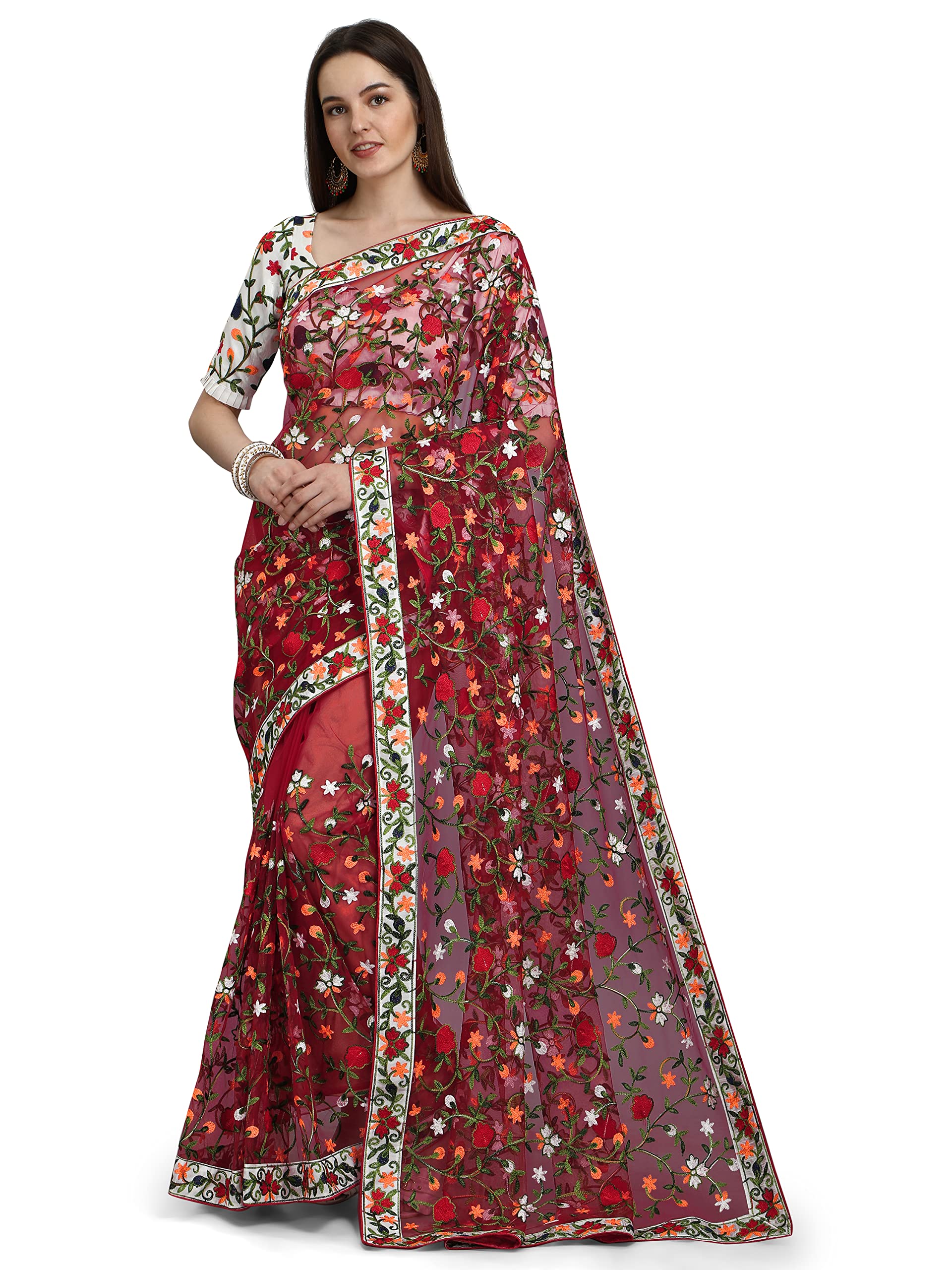 PATLANI FASHION New Bollywood BlockBuster Design Launching Net Embroidery Designer saree Red.