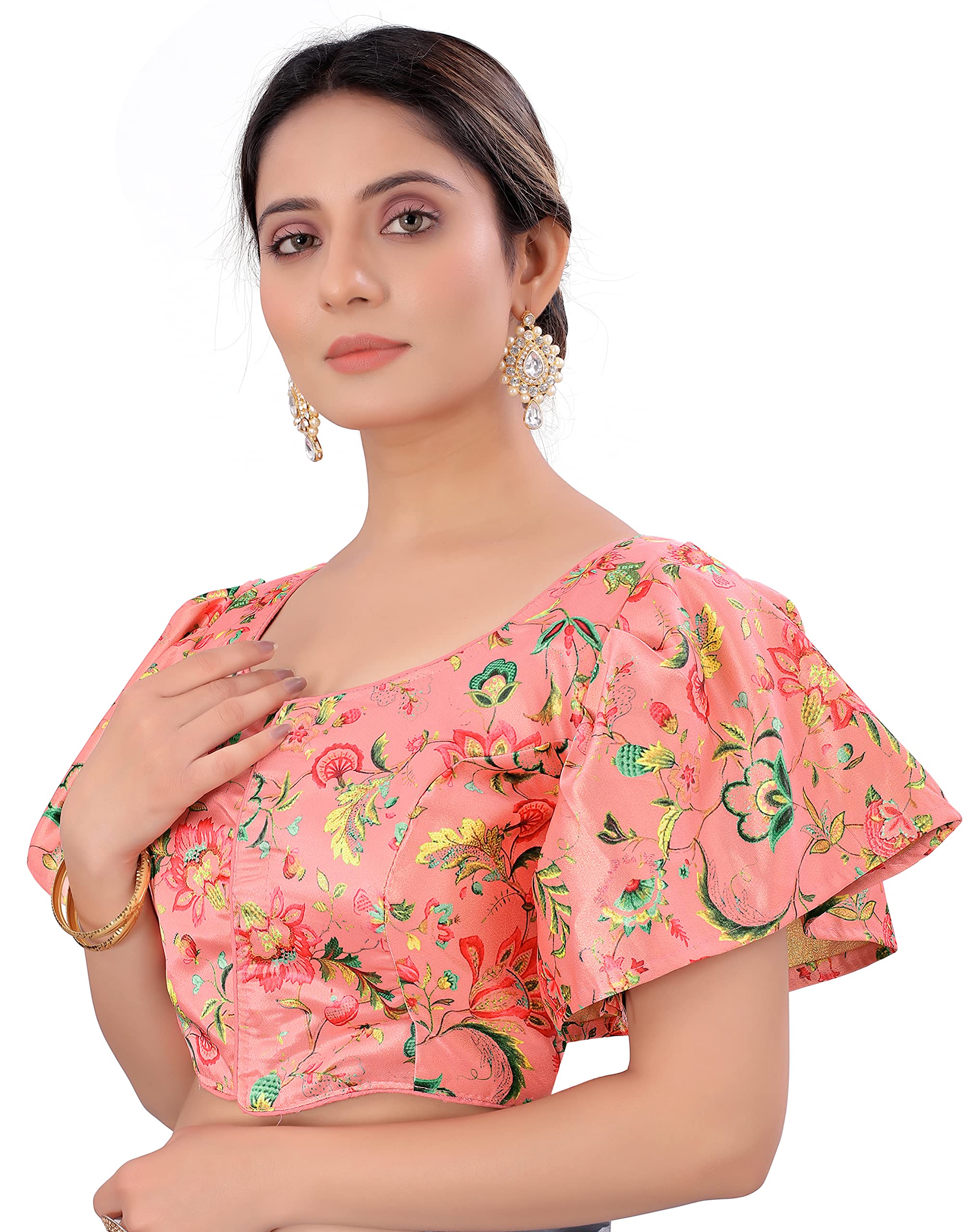 Pujia Mills WomenS Multicolor Butterfly Floral Print Pattern Ruffle Sleeve Readymade Saree Blouse