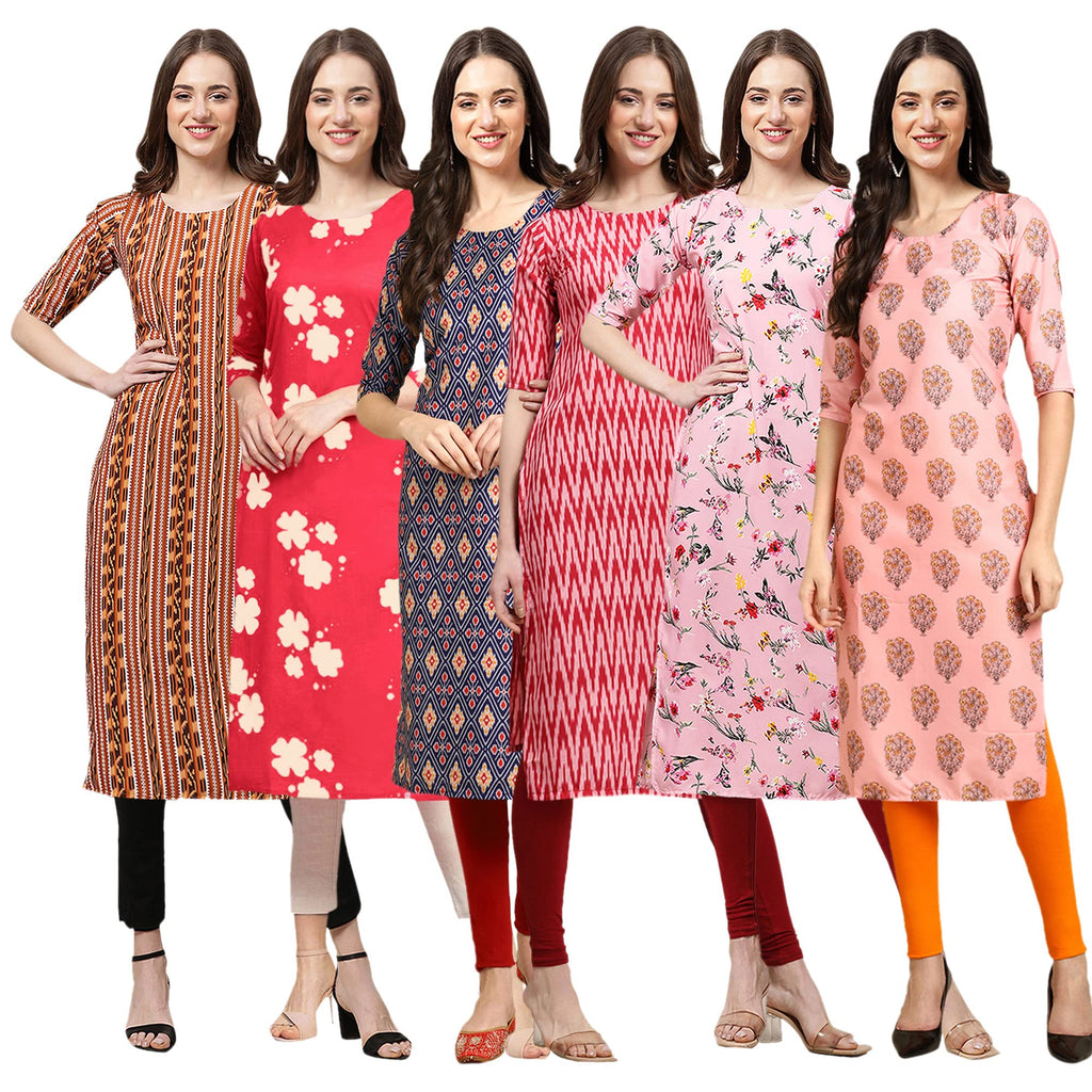 Pinkmint Womens Crepe Digital Print Straight Kurta(Pack of 6)[QV-344-380-358-328-339-368-XL]