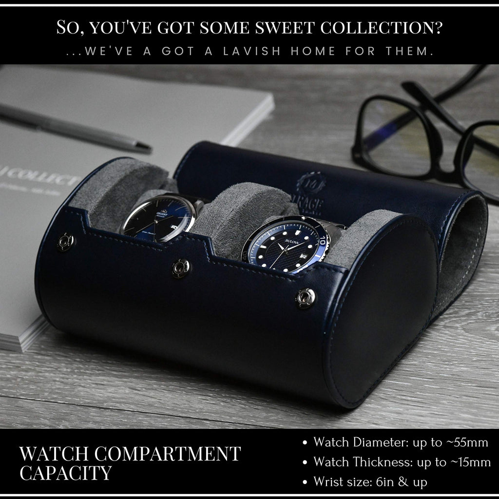 2 Watch Case Travel Organizer - Mirage Watch Rolls for Men - Midnight Blue