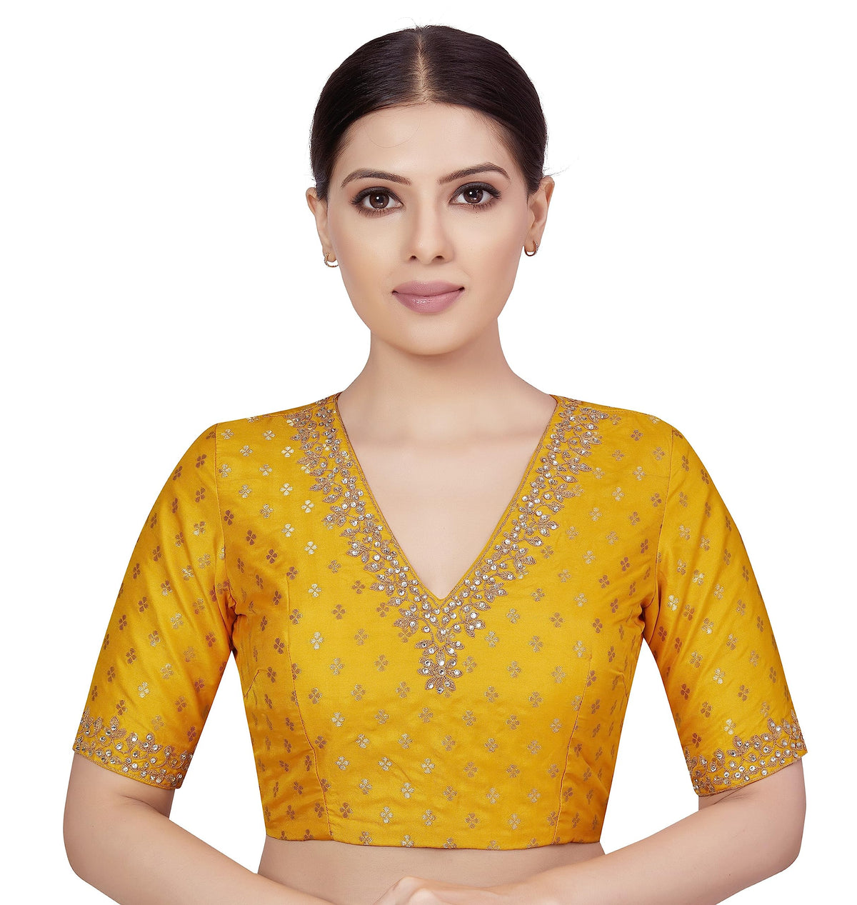 Studio Shringaar WomenS Brocade Embroidered VNeck Readymade Saree Embroidery Sleeve Blouse (Yellow, 42) 42