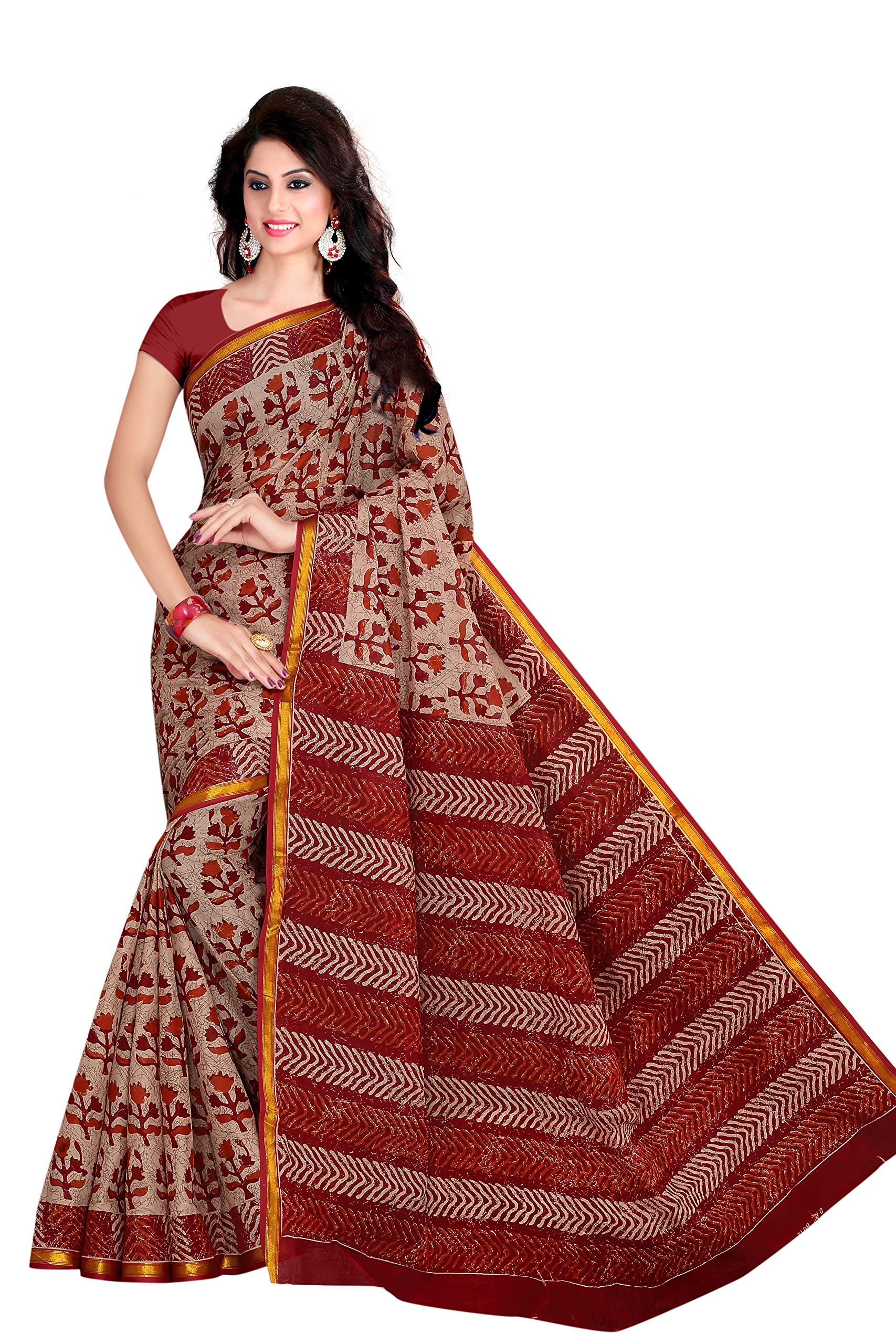 TAMAIRA FASHION Womens Pure Cotton zari border Saree Without Blouse Piece (8012_ZARI_Maroon and Beige without B.P)