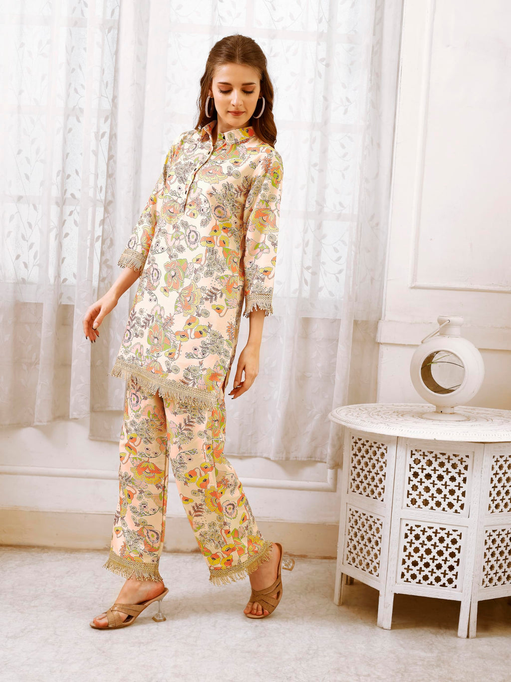 Smowkly Cotton Blend Fancy Floral Printed Co-Ords || Pant Top Dress Pair || Kurta Pant Set For Women || Regualar Fit 3/4 Sleave Casual Indo-Western Loungewear Wear