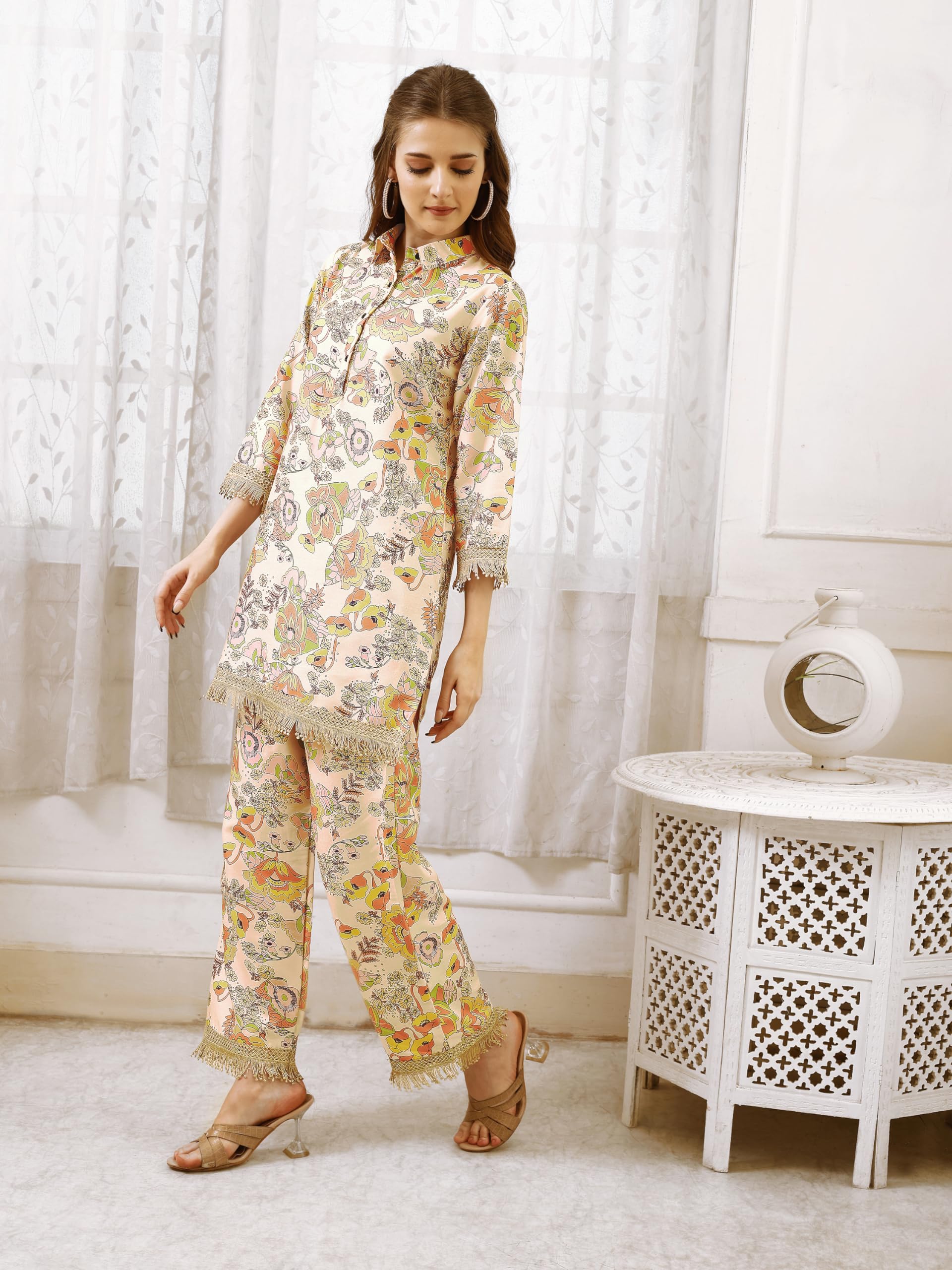 Smowkly Cotton Blend Fancy Floral Printed Co-Ords || Pant Top Dress Pair || Kurta Pant Set For Women || Regualar Fit 3/4 Sleave Casual Indo-Western Loungewear Wear