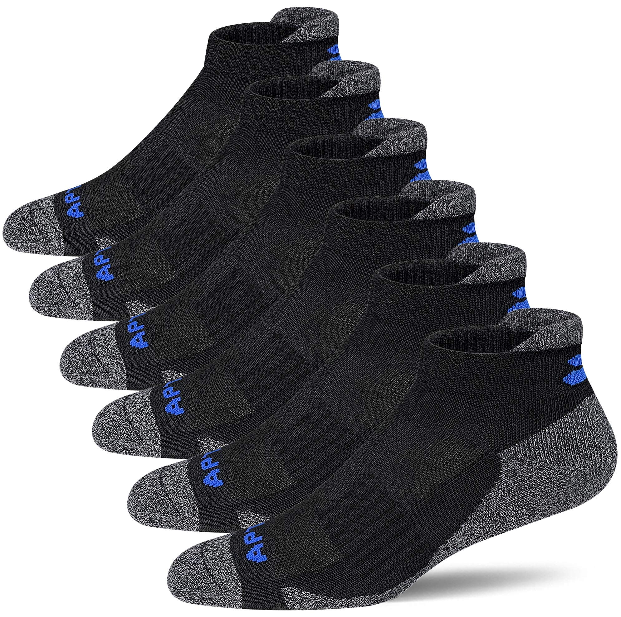 APTYID Men's Performance Ankle Athletic Running Socks, Black, Size 9-12, 6 Pairs