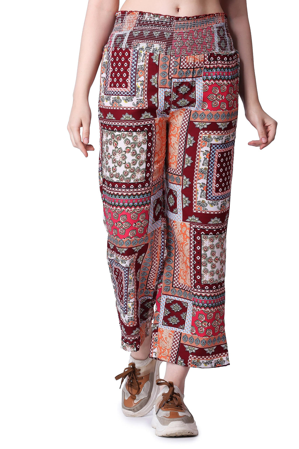 POPWINGS Casual Boho Printed Side Wide Leg Trousers for Women || Summer Wear Comfortable Pull-On Women Trousers || Latest Wester