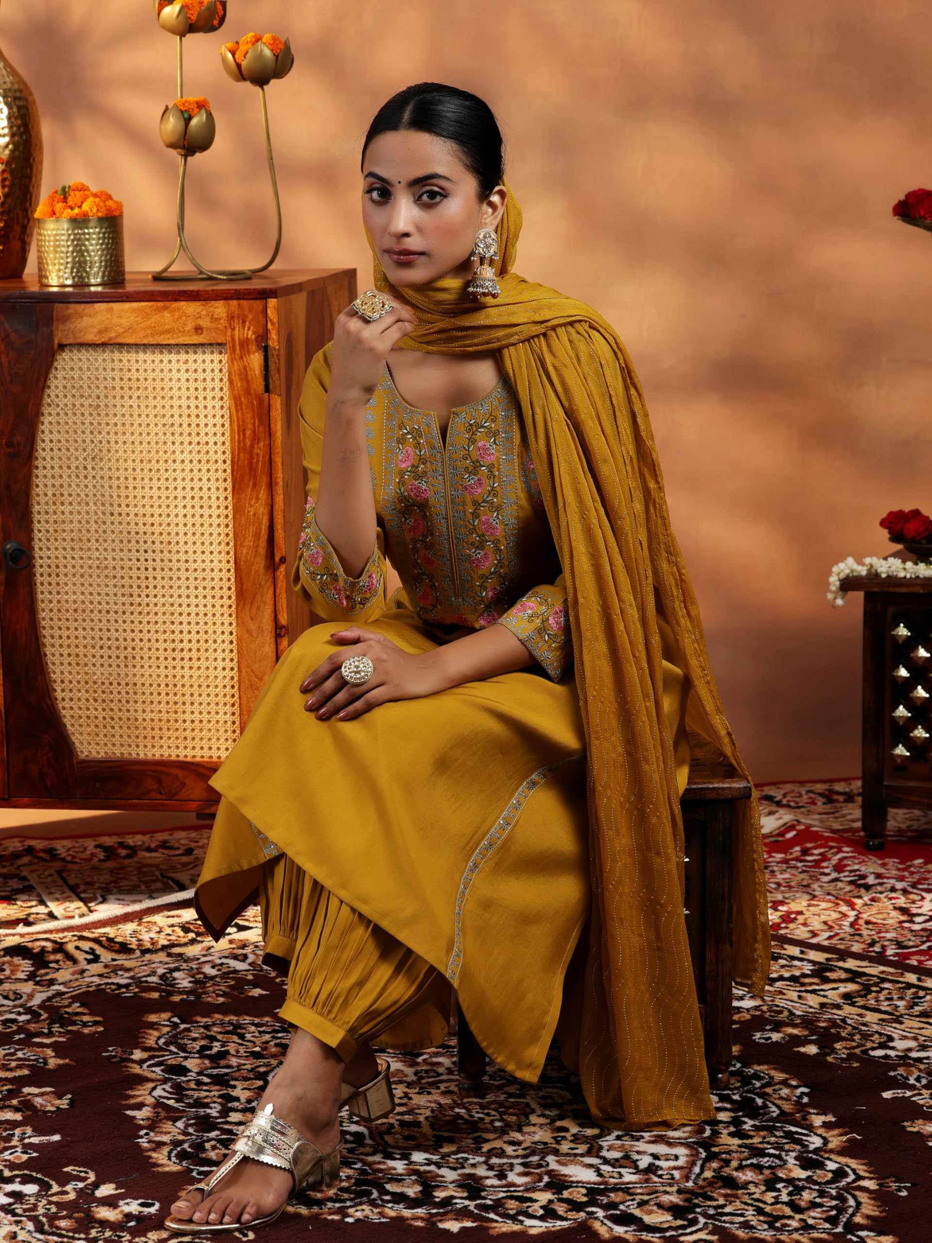 Libas Womens Embroidered Silk Blend A-Line Kurta With Salwar And Dupatta