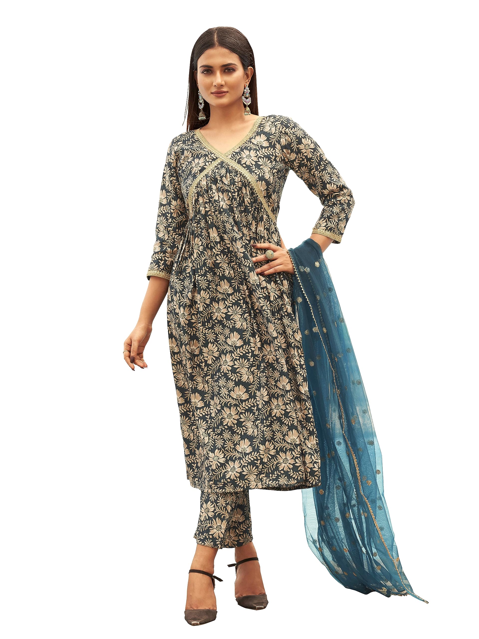 Womanista Women'S Silk Blend (Kurtaset_1189_Teal_L)