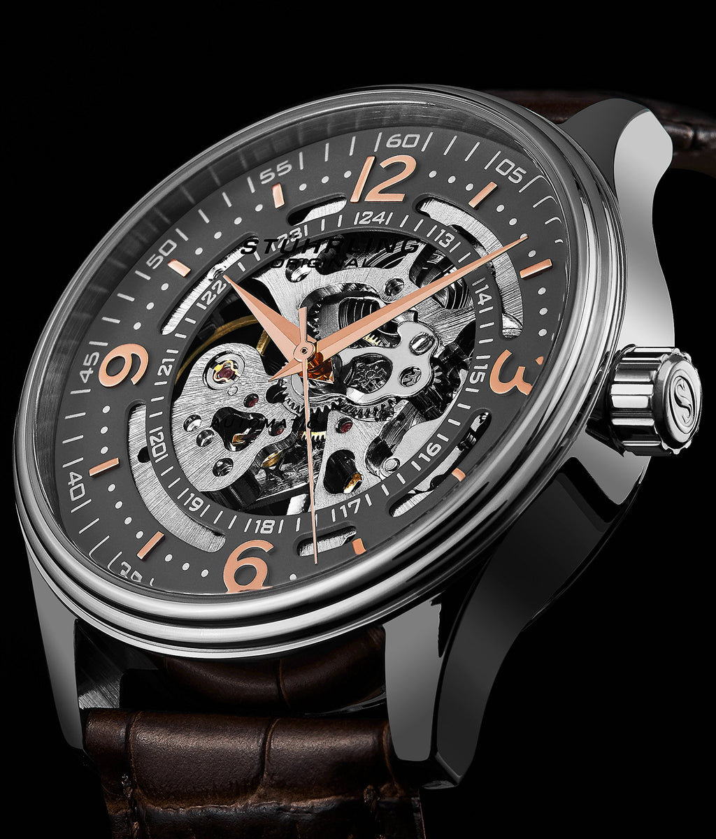 Stuhrling Original Men's Automatic Skeleton Dress Watch Genuine Leather Band with self Winding Mechanical Movement