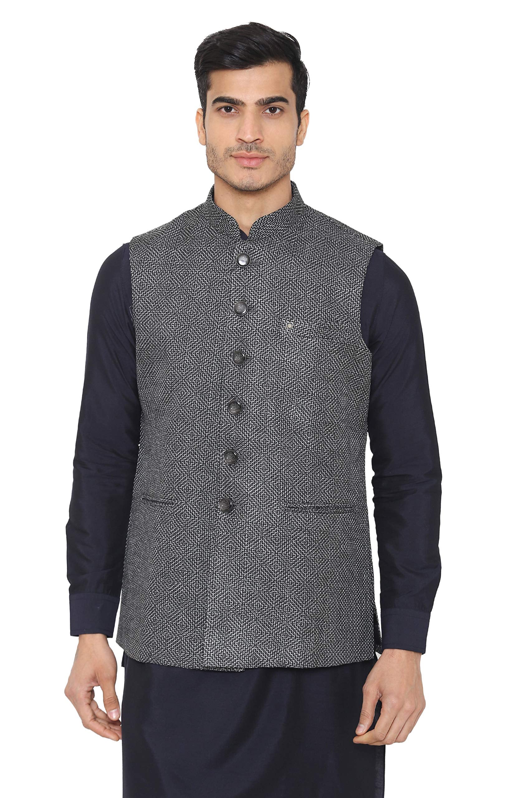 Manyavar Self-Design Regular Fit Sleeveless Waistcoat For Men - (Grey, Medium)