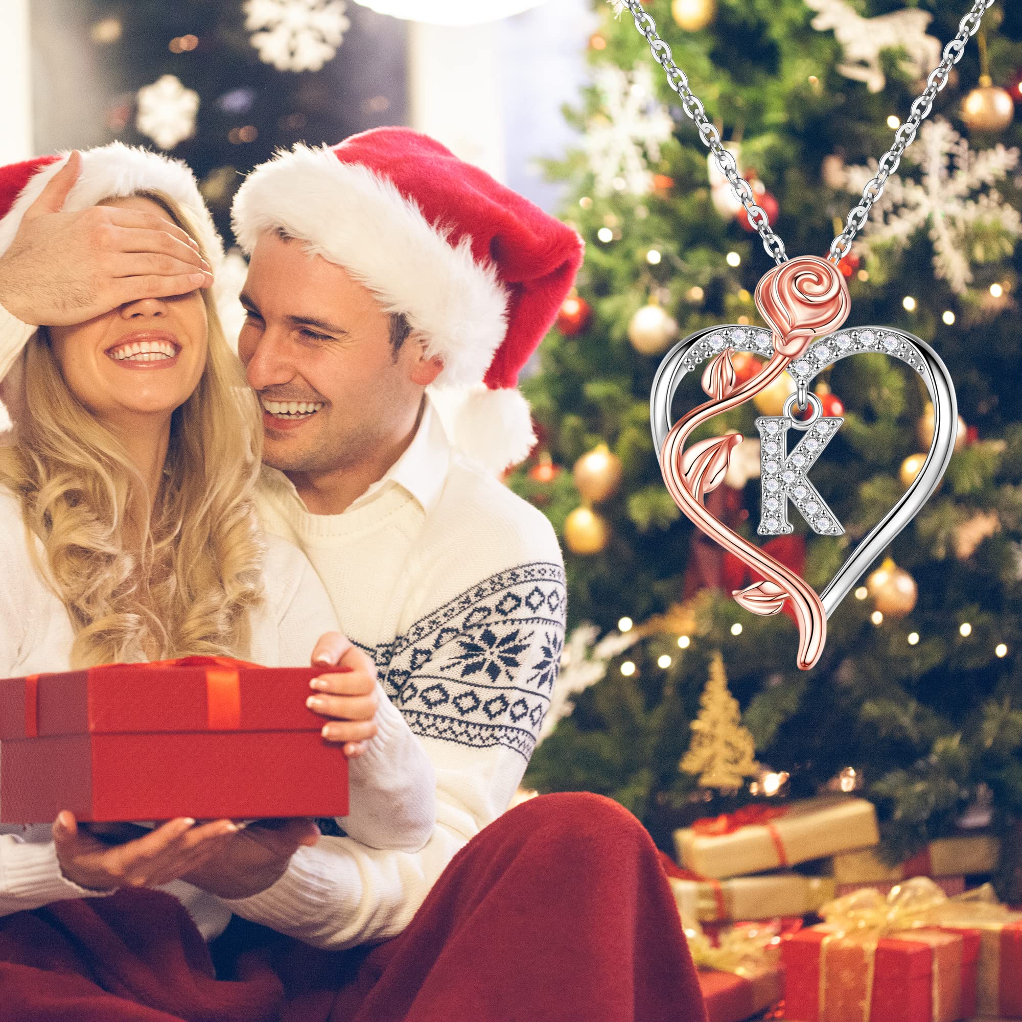 Necklace Gifts for Women, 925 Sterling Silver Unique Rose Love Heart Initial E Letter Pendant Necklace Jewelry Mothers Day Valen