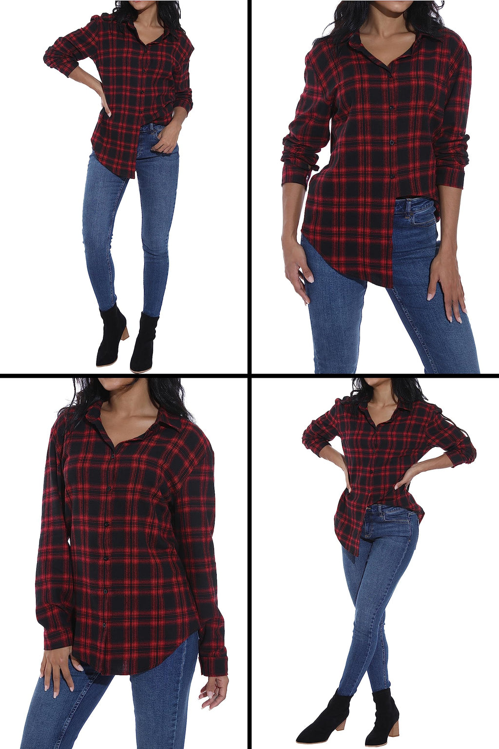 GUANYY Women's Classic Plaid Button Down Shirt - Loose Fit and Long Sleeves (Red Black Plaid, Large)