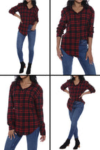 GUANYY Women's Classic Plaid Button Down Shirt - Loose Fit and Long Sleeves (Red Black Plaid, Large)