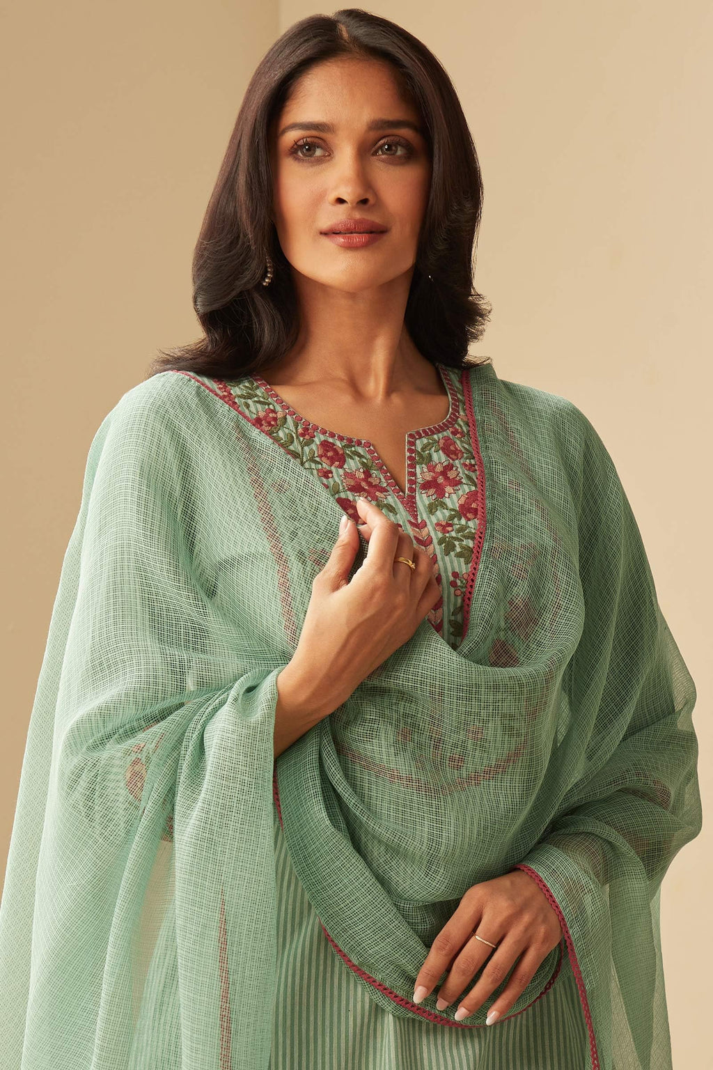 ANNI DESIGNER Ladies Cotton Blend Striped Kurta Trousers with Dupatta Set, green, M