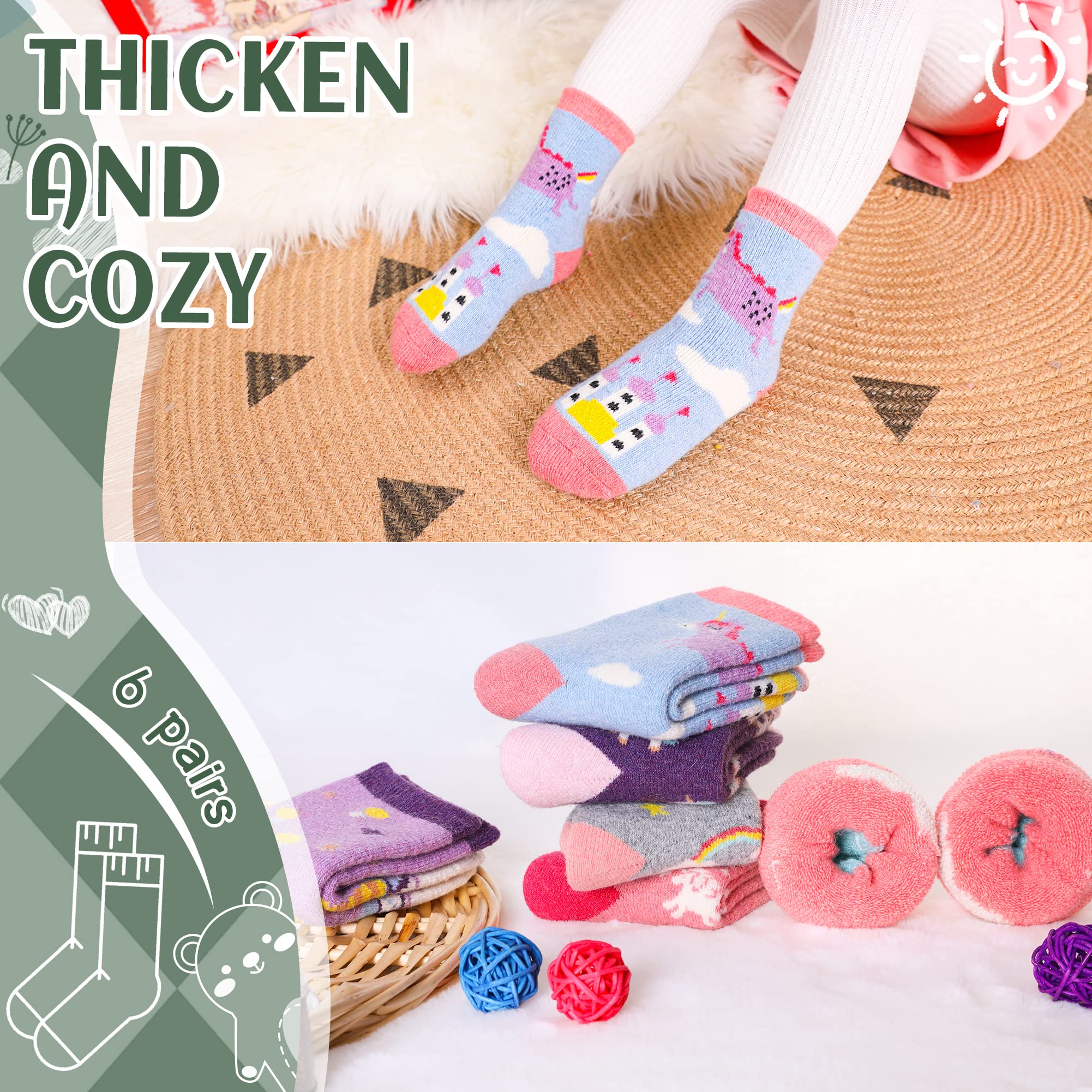 Children's Winter Warm Wool Solid Color Socks Kids Boy Girls Thermal Crew Socks 6 Pairs(Unicorn C, 8-12 Years)
