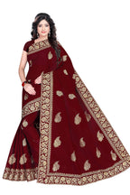 TAMAIRA FASHION Womens Plain Weave Pure Cotton Saree with Heavy Embroidery and stone work Without Blouse Piece (Maroon)
