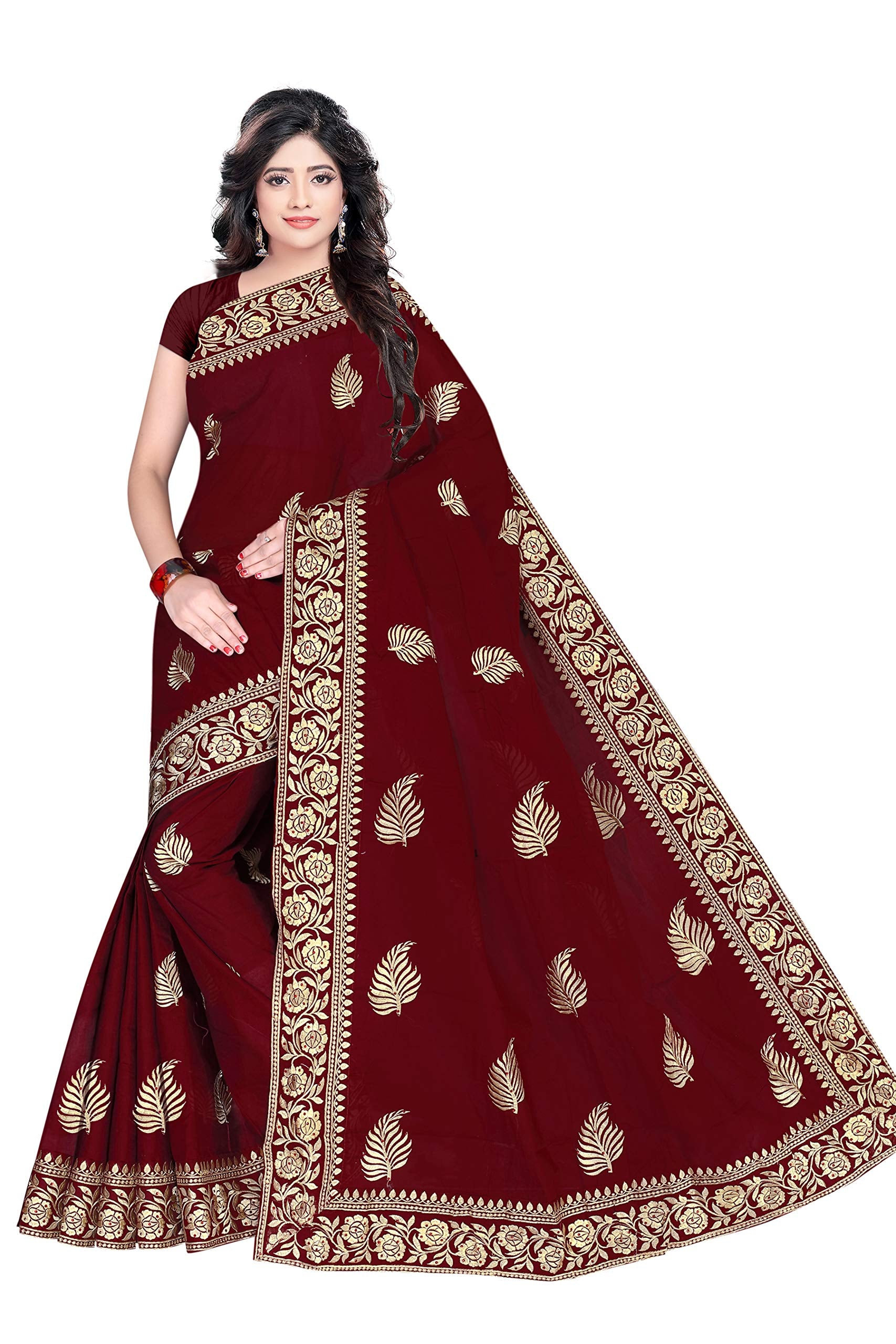 TAMAIRA FASHION Womens Plain Weave Pure Cotton Saree with Heavy Embroidery and stone work Without Blouse Piece (Maroon)