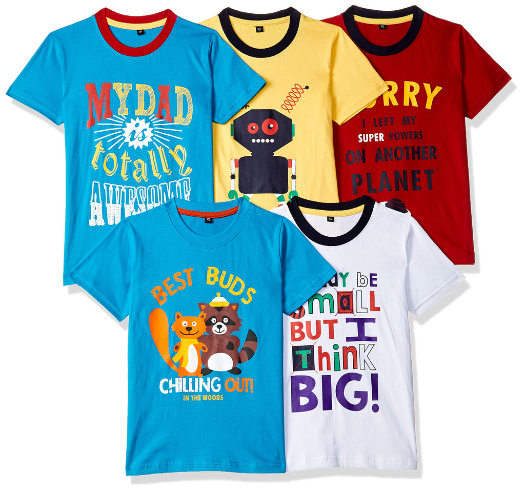 T2F Boy Cotton Printed Regular Fit T-Shirt (Pack of 5),Multicolour,13-14 Years