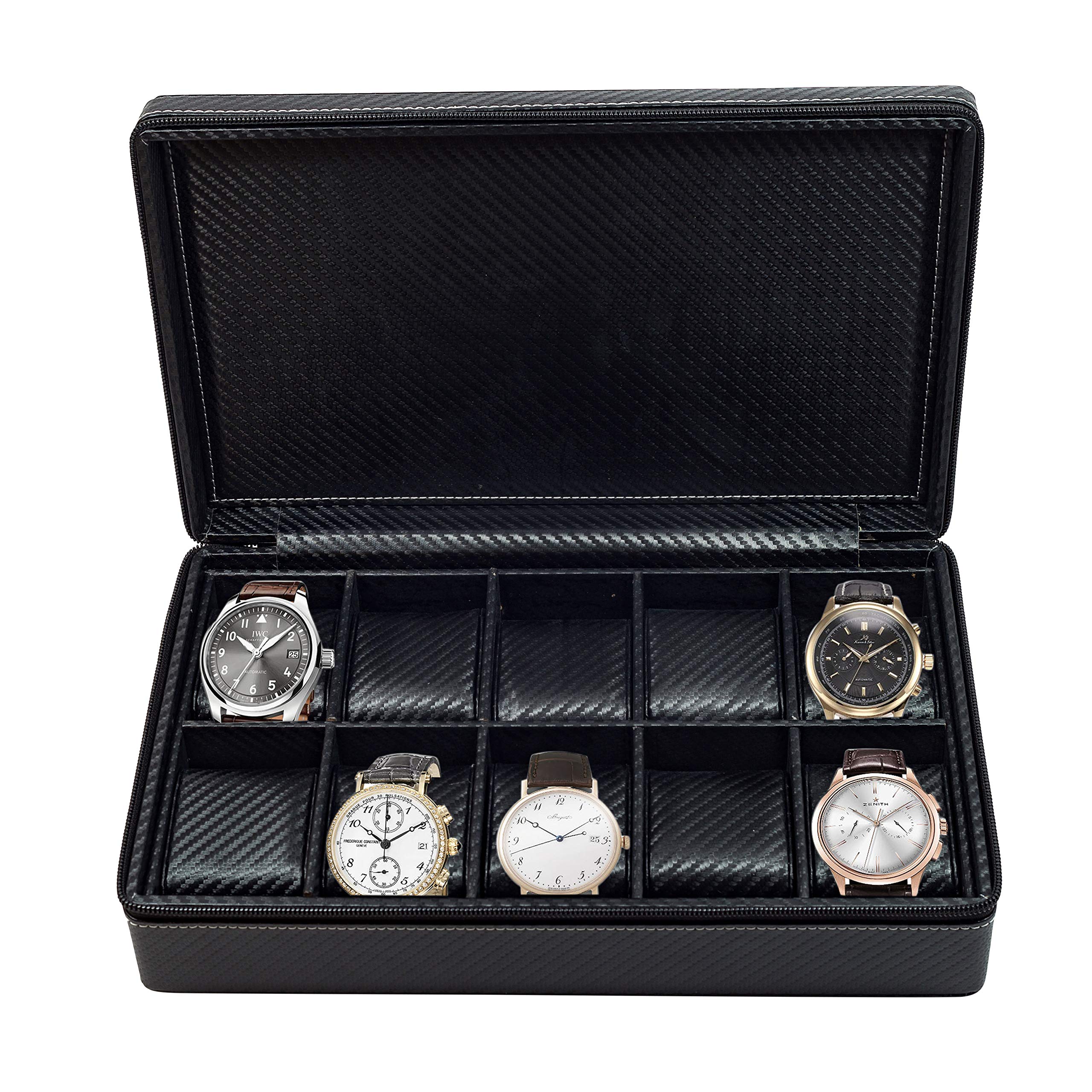 TimelyBuys 10 Watch Briefcase Black Carbon Fiber Zippered Travel Storage Case 50MM Father's Day